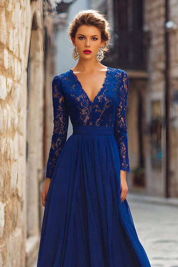 Mousseline de soie bleu foncé col en V manches longues Robe mère de la mariée avec dentelle